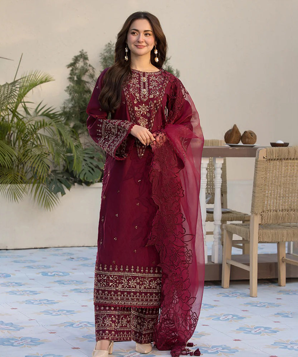 3PC Embroidered Shirt with Organza Embroidered Dupatta- 3285